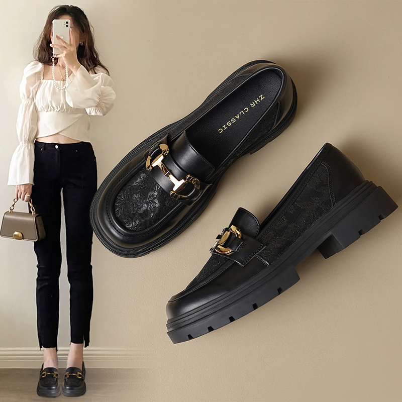 网纱乐福鞋女2024夏季新款厚底