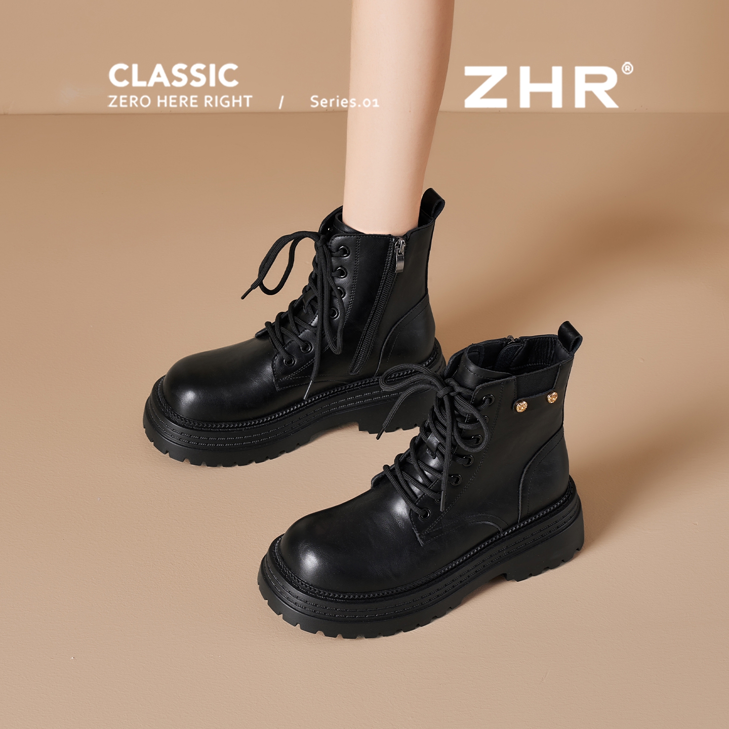 ZHR厚底马丁靴女款2025秋冬季英伦风复古加绒女靴小个子机车短靴