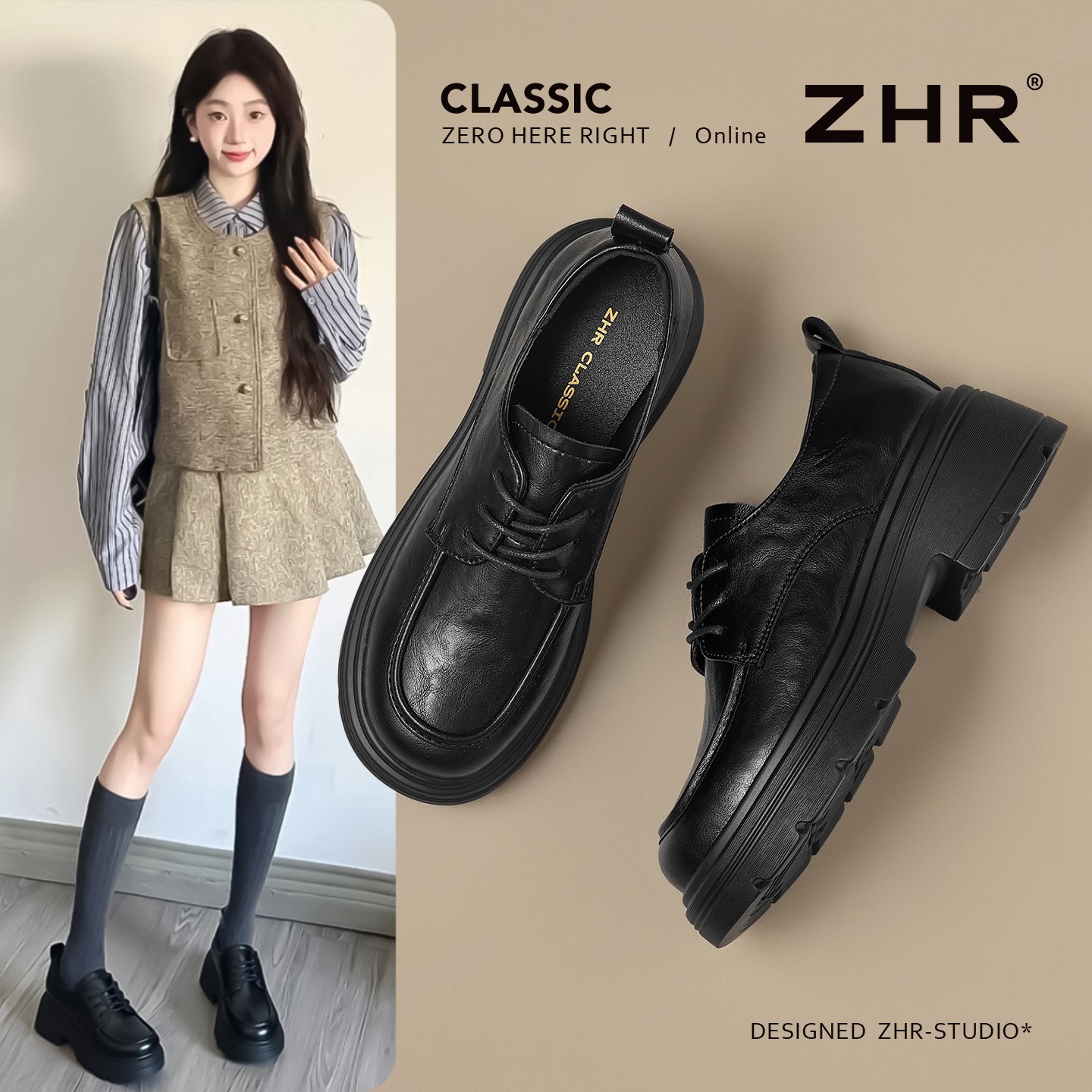 ZHR乐福鞋女2025秋新款经典复古配JK裙玛丽珍鞋一脚蹬厚底小皮鞋