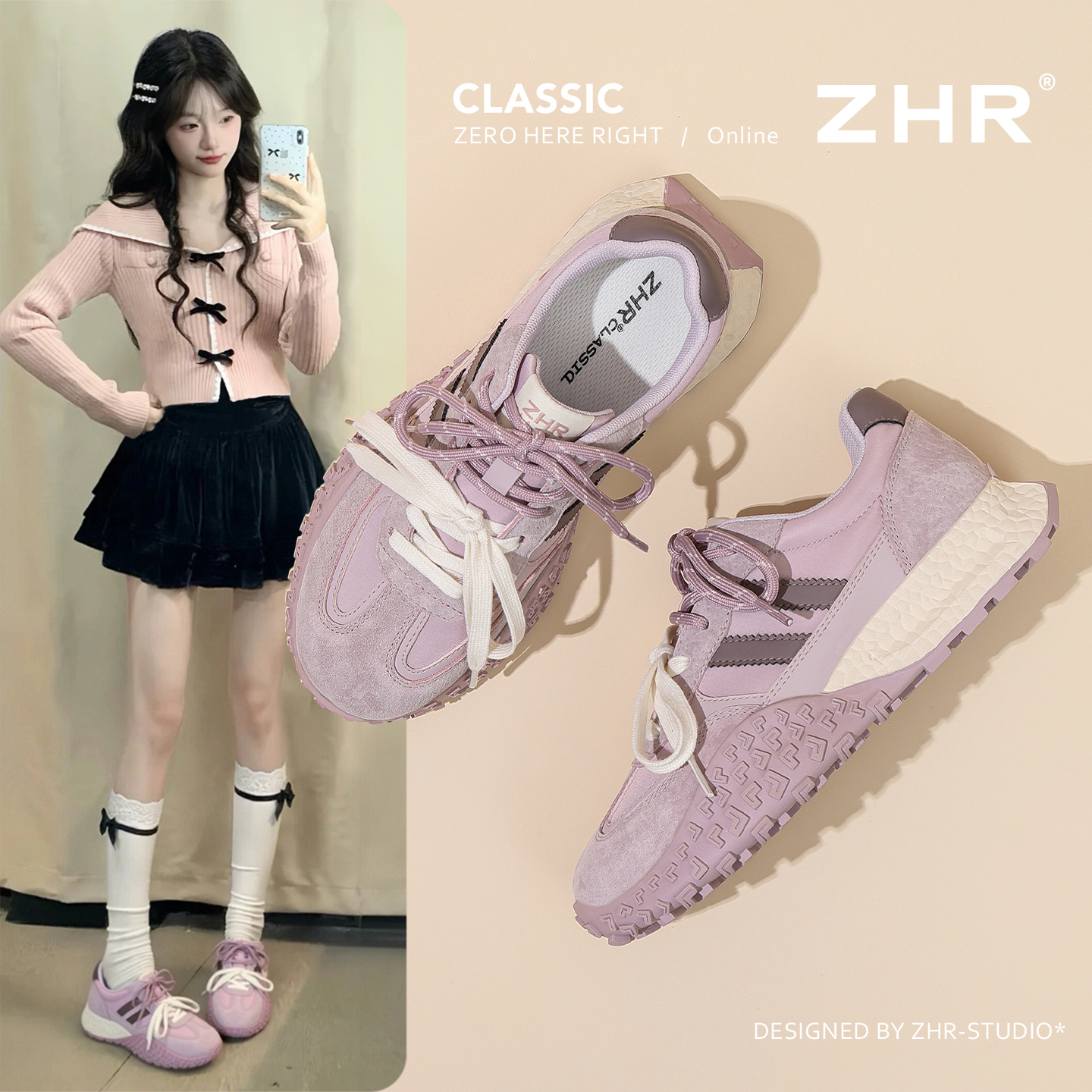 ZHR紫色厚底德训鞋女2025秋季新款小个子阿甘鞋增高休闲鞋运动鞋