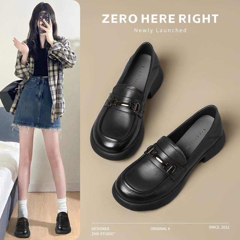 ZHR乐福鞋女2024新款秋季粗跟软底一脚蹬英伦小皮鞋厚底通勤单鞋