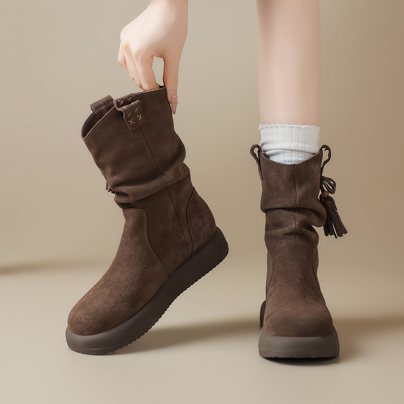 ZHR美拉德复古马丁靴女2025新款棕色西部短靴牛皮软底流苏堆堆靴