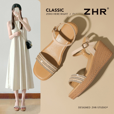 ZHR坡跟凉鞋女2025新款夏季外穿法式高级感厚底增高时装妈妈女鞋