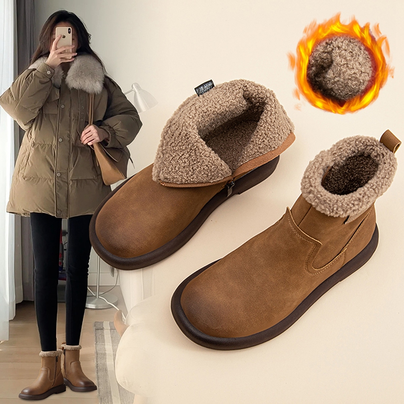 ZHR厚底短靴女2024冬季真皮保暖棕色马丁靴加绒二棉鞋防滑雪地靴