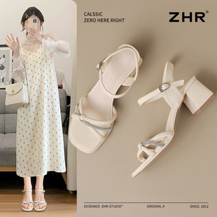 ZHR凉鞋 女2025新款 夏季 外穿粗跟配裙子一字带中跟复古水钻高跟鞋