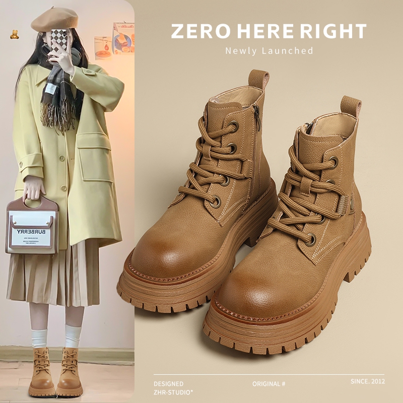 ZHR厚底工装马丁靴女2024春秋新款英伦风大黄靴复古棕色登山短靴