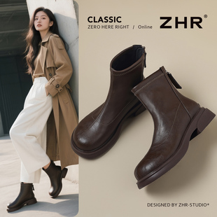 ZHR棕色短靴女2025新款秋冬厚底百搭英伦风马丁靴小个子显瘦靴子