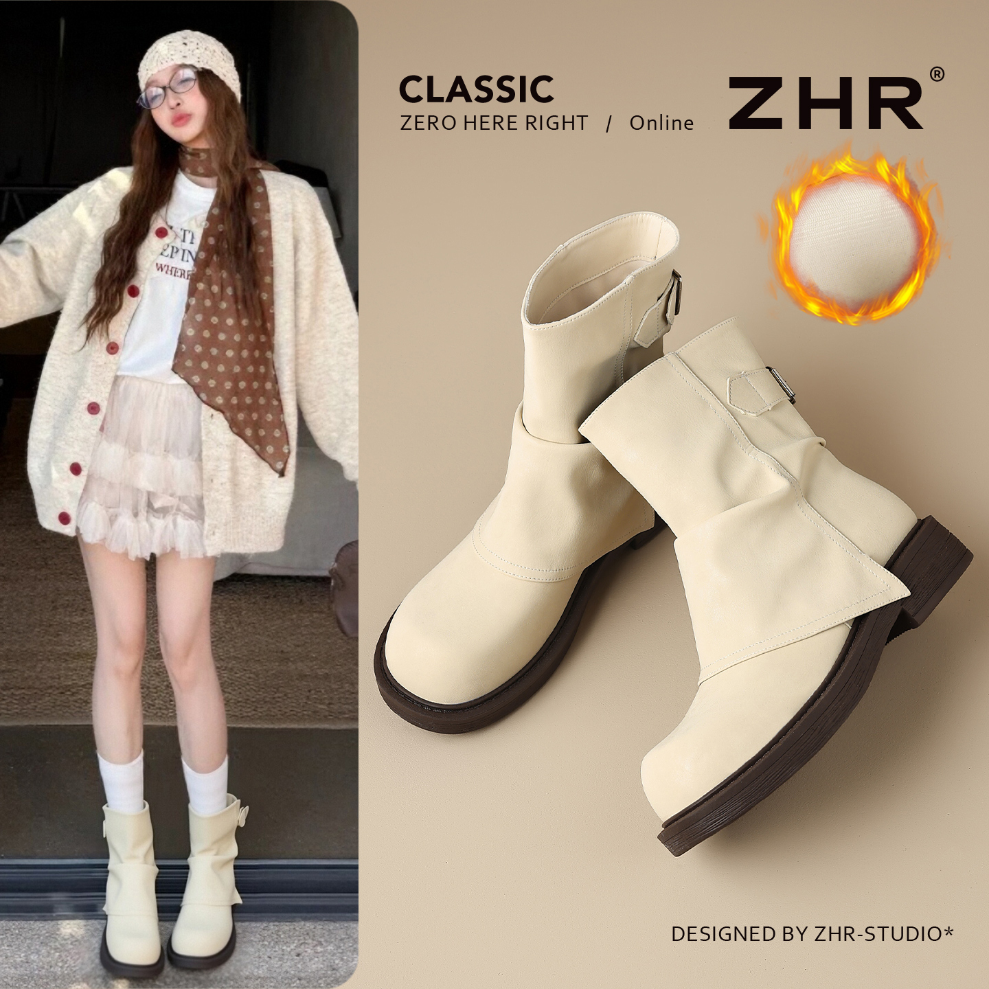 白色短靴女2025秋冬新款法式加绒