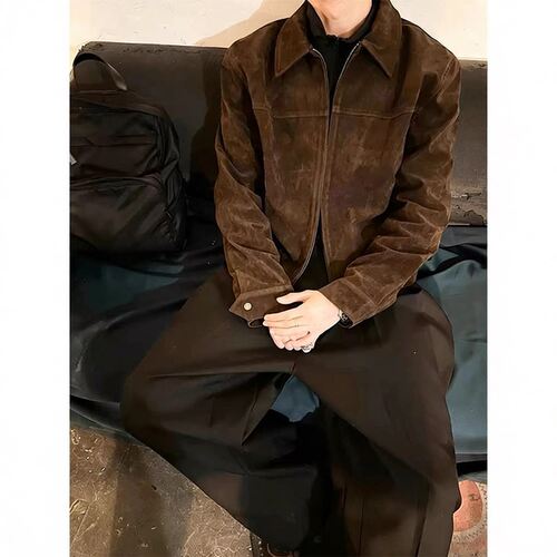 深棕色美式复古短款外套男款秋季高级感痞帅cleanfit正肩翻领夹克