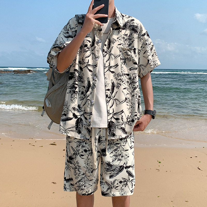 碎花衬衫短裤沙滩套装男夏季潮牌痞帅海边穿搭大码冰丝两件套夏装图片