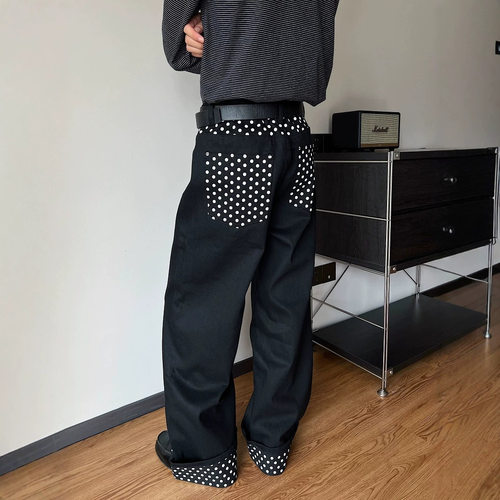 美式复古卷边波点黑色直筒牛仔裤男女轻亚风宽松显瘦cleanfit长裤