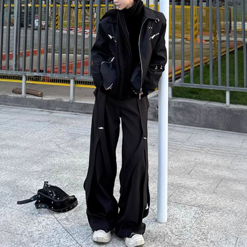 美式cleanfit解构拼接黑色西裤男款痞帅裤子直筒微喇拖地裤