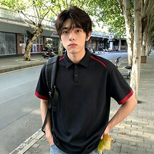 黑红撞色解构短袖polo衫男款夏季美式重磅正肩拼接t恤高级感半袖