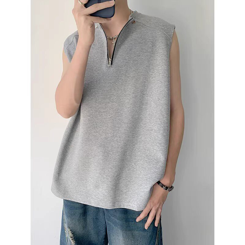 半拉链痞帅背心男款夏季新款铆钉正肩无袖t恤高级感美式坎肩短袖