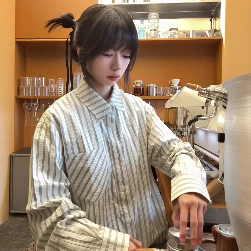 vintage白色条纹长袖衬衫男春秋miu系高智感防晒衬衣休闲情侣外套