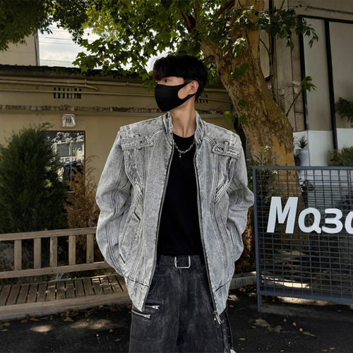 重工拼接设计感牛仔外套男cleanfit复古街头潮牌痞帅夹克