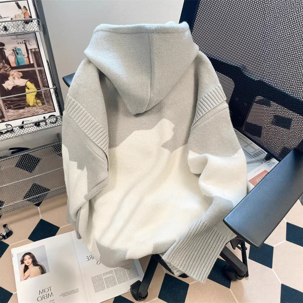 美式设计感小众撞色连帽针织卫衣男女潮牌vintage假两件毛衣外套