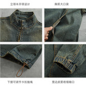 高街美式 复古做旧水洗套头夹克宽松INS立领外套 牛仔上衣男春秋季