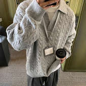 慵懒韩系穿搭v领内搭针织衫 灰色假两件不起球毛衣男款 冬季