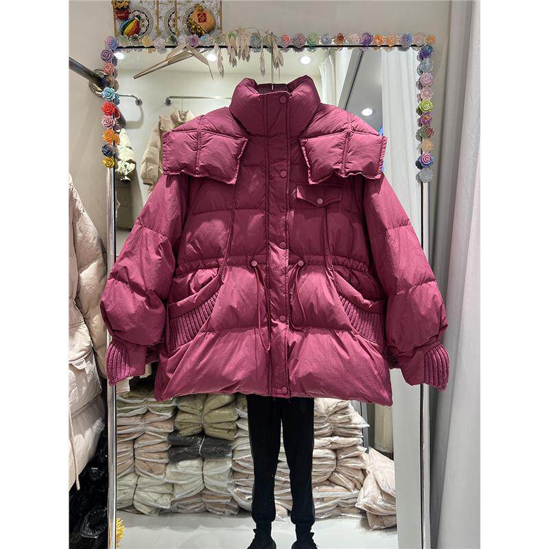 2024年新款收腰羽绒服女中长款韩版立领披肩拼接针织加厚百搭外套