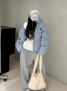 韩国东大门连帽蓝色羽绒服女短款刺绣RR潮牌加厚白鸭绒大码面包服