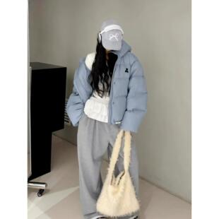 韩国东大门连帽蓝色羽绒服女短款刺绣RR潮牌加厚白鸭绒大码面包服
