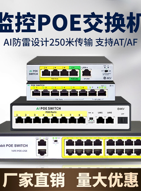 火翼poe交换机监控专用4/5/6/8/16/24口网线供电百兆全千兆国标48V带光纤口网络兼容ap海康大华摄像头中继器