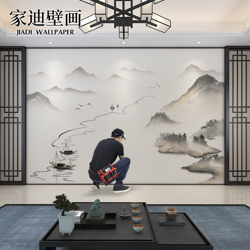 新中式壁布古典山水水墨意境电视背景墙壁画客厅沙发墙纸壁纸墙布