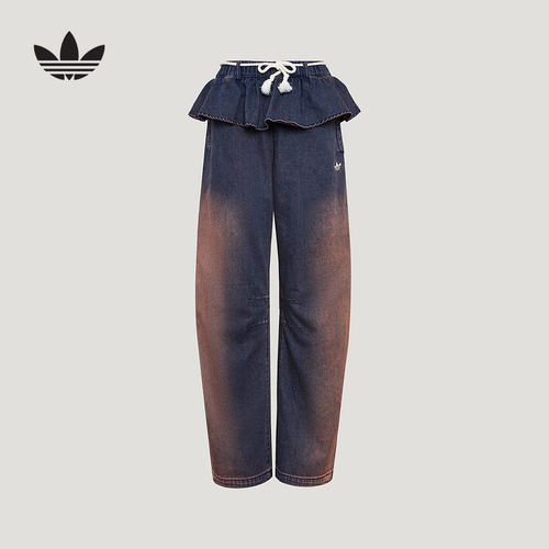 adidas阿迪达斯三叶草荷叶边牛仔运动裤2026夏女休闲长裤 KS0624