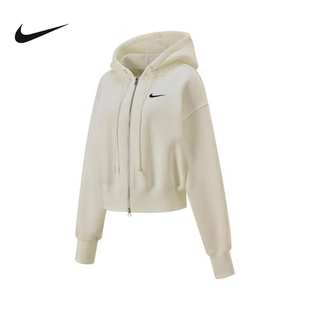 Nike耐克女子宽松短款全长拉链开襟卫衣加绒连帽衫白色HJ0941-133