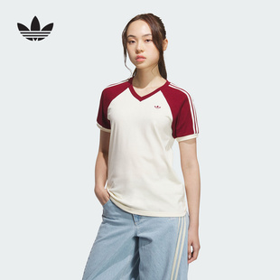 adidas阿迪达斯三叶草2025夏女经典棉质运动短袖V领T恤拼色KE6163