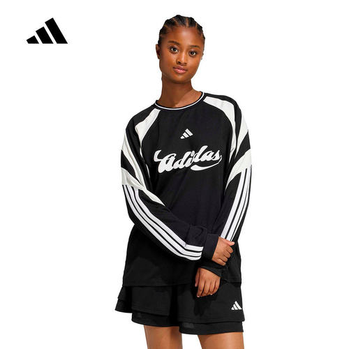 adidas阿迪达斯足球风个性运动休闲宽松上衣26春女长袖T恤 JY7638
