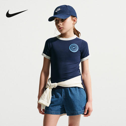 NIKE耐克童装短袖针织衫夏季复古徽章运动休闲罗纹T恤IF2757-4
