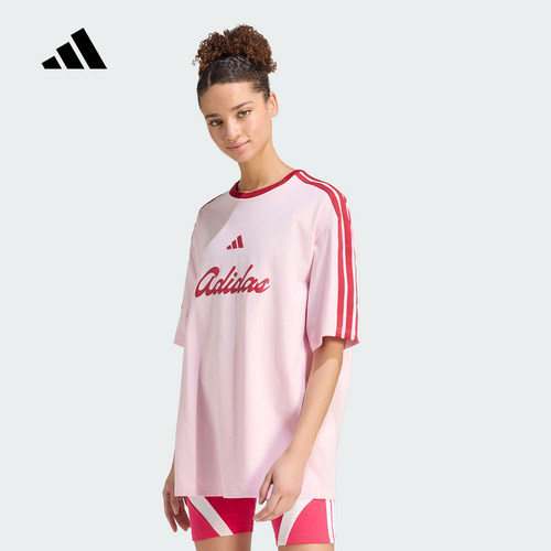 adidas阿迪达斯2026秋女三条纹宽松针织休闲圆领短袖T恤 KT2781