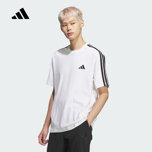 adidas阿迪达斯2026秋男纯棉三条纹宽松休闲运动短袖T恤 KF3739