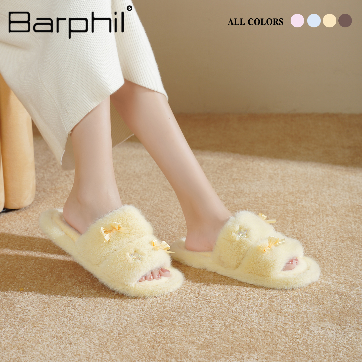 Barphil拖鞋女室内家居2025新款秋冬蝴蝶结毛绒防滑棉拖甜美保暖