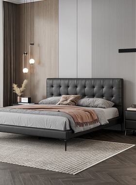 意式极简真皮床现代简约轻奢北欧风拉点头层牛皮双人床设计师婚床