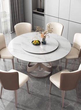 潘多拉亮光岩板餐桌椅组合现代简约小户型旋转圆桌轻奢餐厅吃饭桌