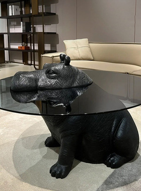 意式极简圆形河马茶几设计师个性创意网红可爱动物客厅家用玻璃桌