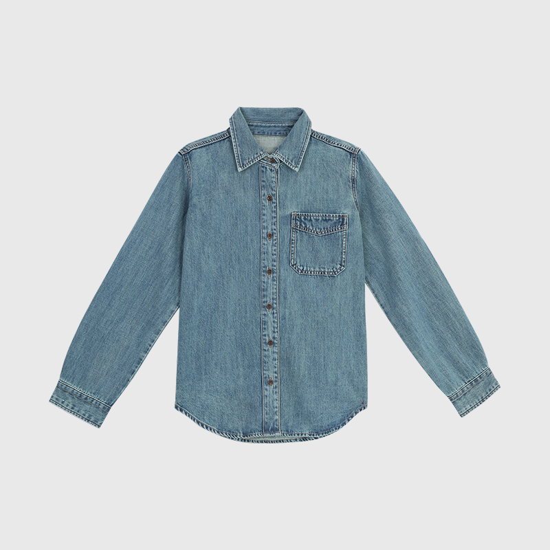 白弓2025年新款老钱风做旧水洗蓝牛仔衬衫女秋冬季新款60203