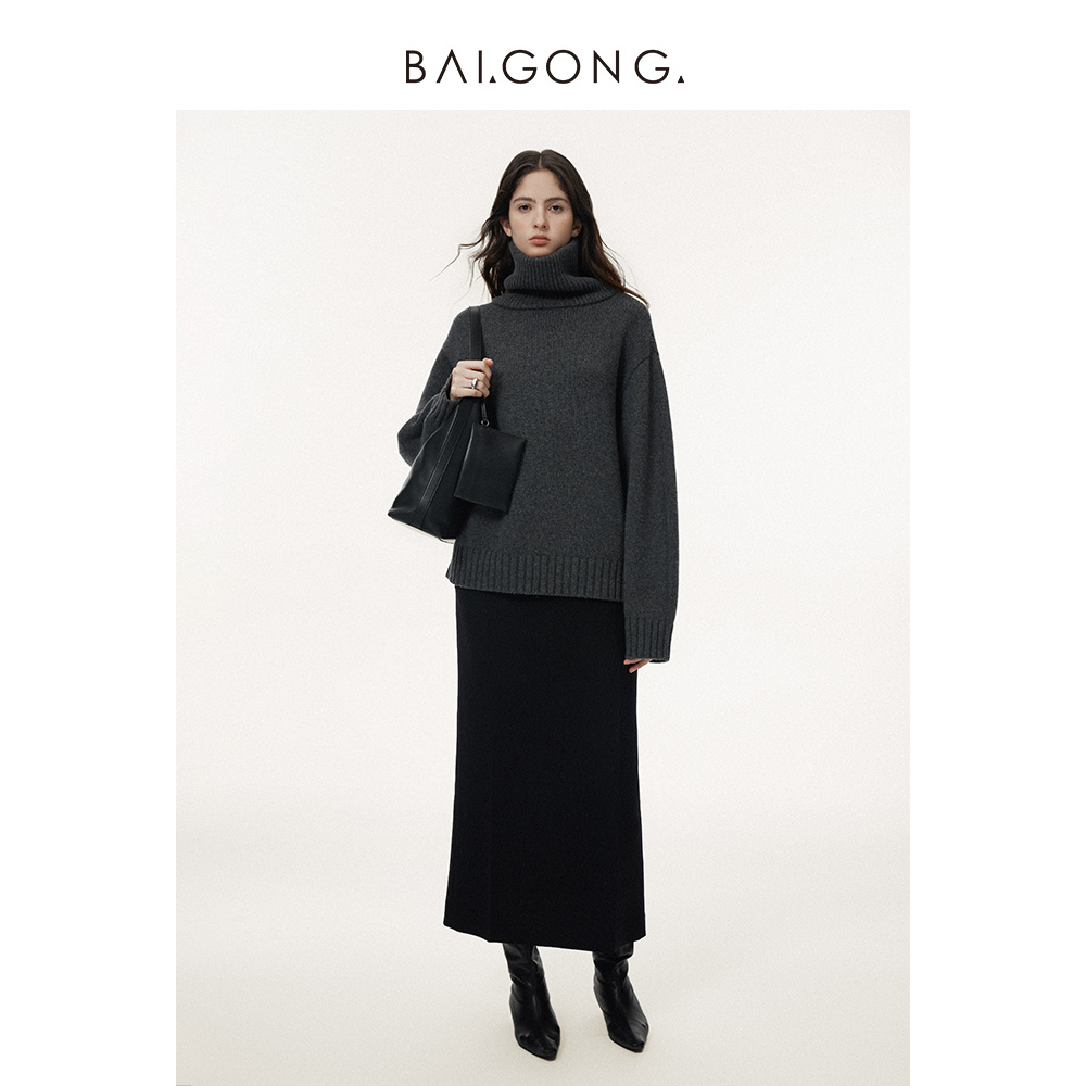 白弓高领休闲山羊绒毛衣