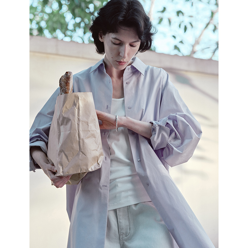 白弓气质设计感紫色中长款长袖防晒衬衫女轻薄感超柔衬衣外套夏季
