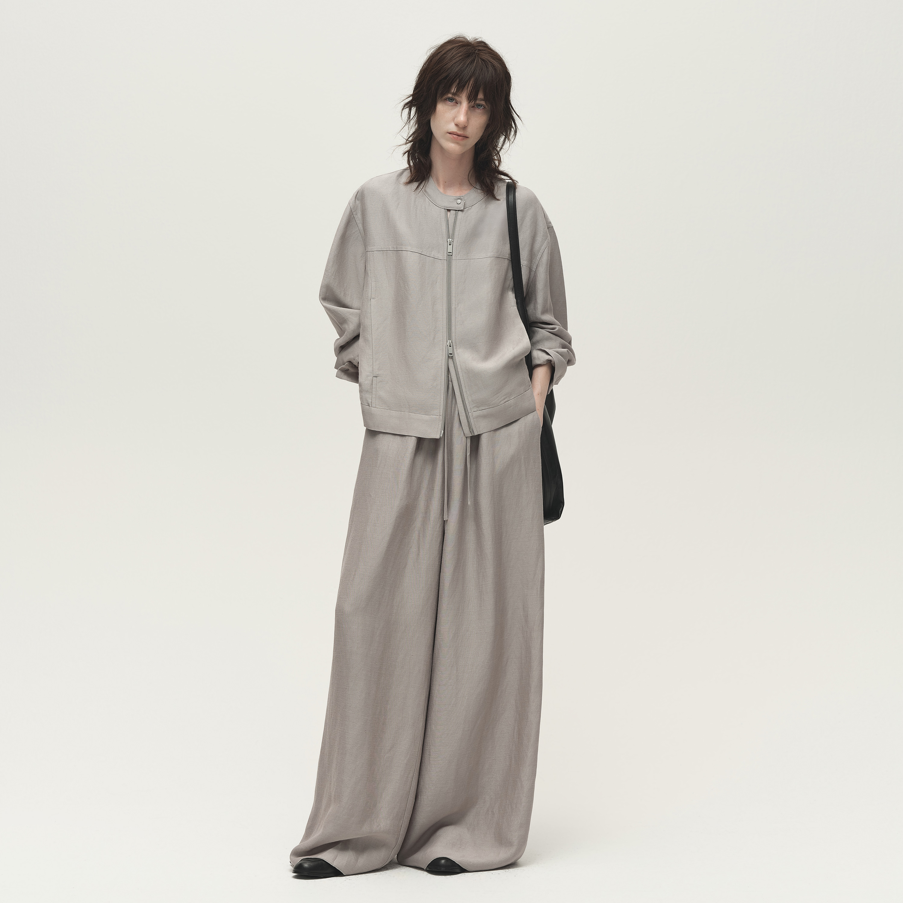 白弓“亚麻系列”秋季新款定制混纺短外套+休闲裤女55826/55827