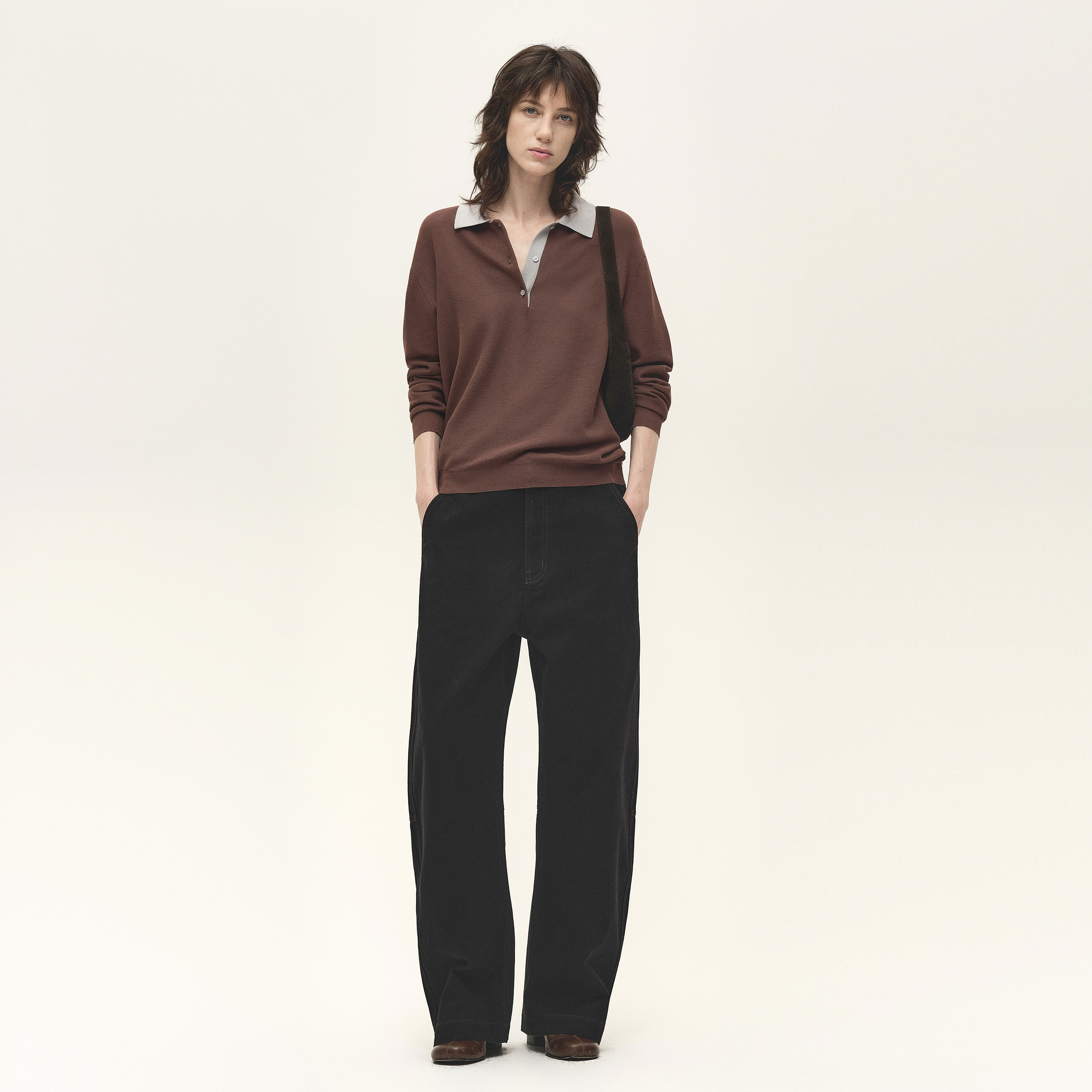 白弓定制菠萝纹撞色经典polo领毛织长袖上衣女2025新款55309