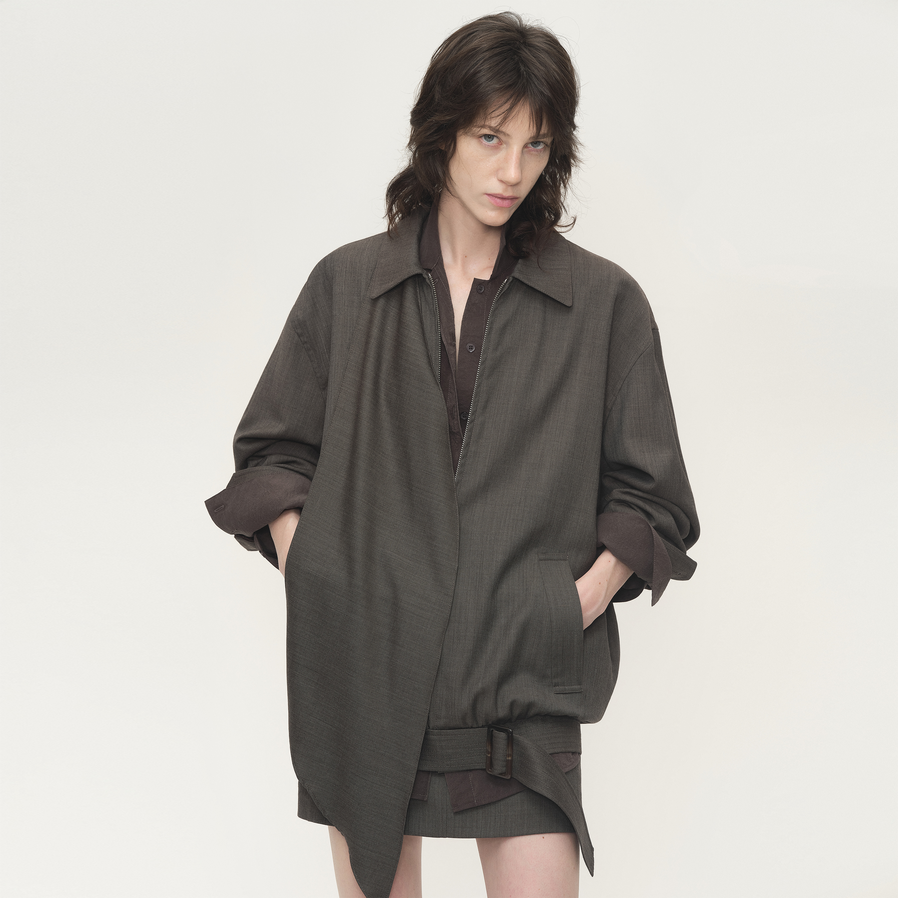 白弓精纺羊毛套装设计感飘带夹克外套女+时髦短裙秋季56209/56208