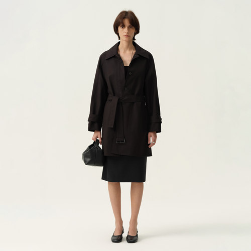 白弓 进口高密100棉中古设计翻领中长款风衣外套女2025秋季50967