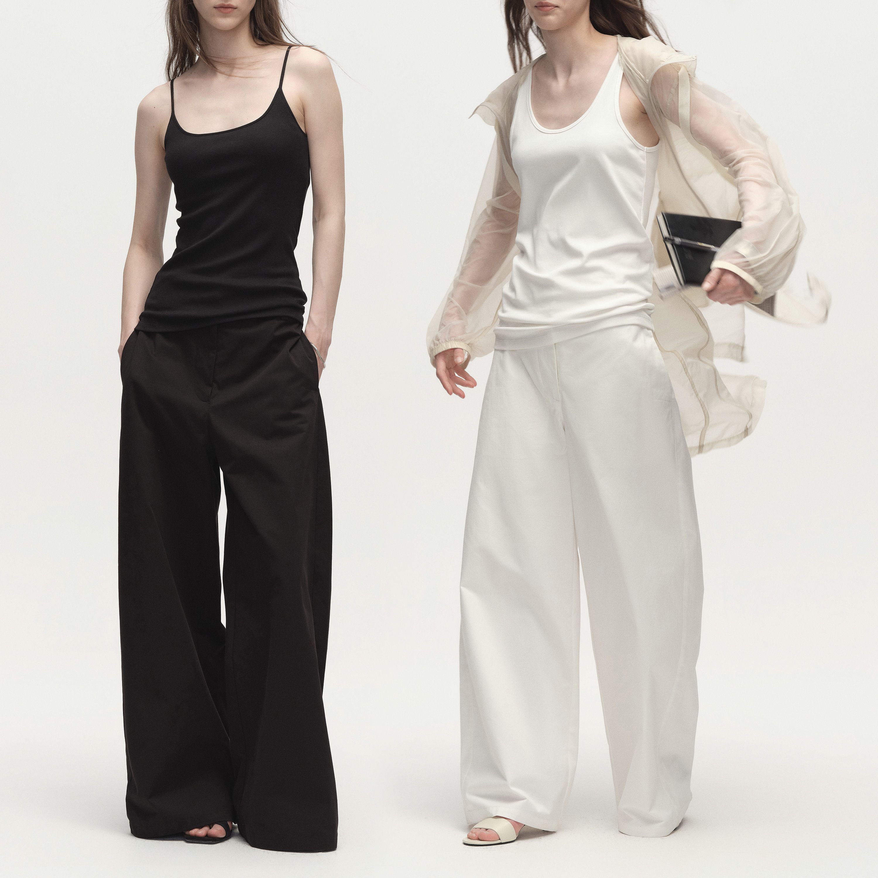 白弓2025新款肌理感100%棉高腰阔腿裤女都市極简休闲长裤子53777