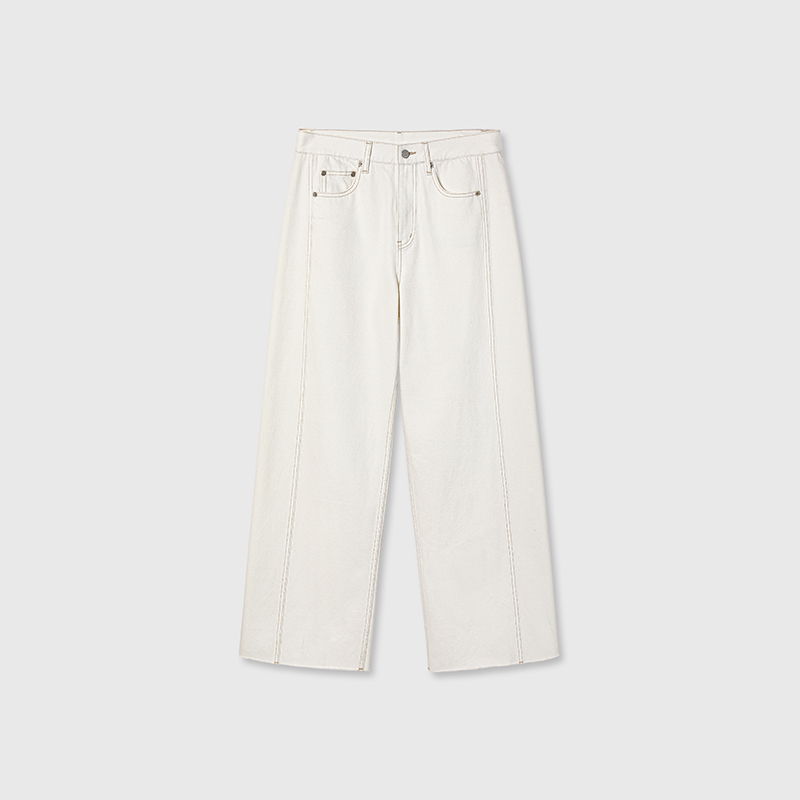 白弓100%棉立体裁剪撞色缝位白色牛仔裤女秋冬长裤子57388