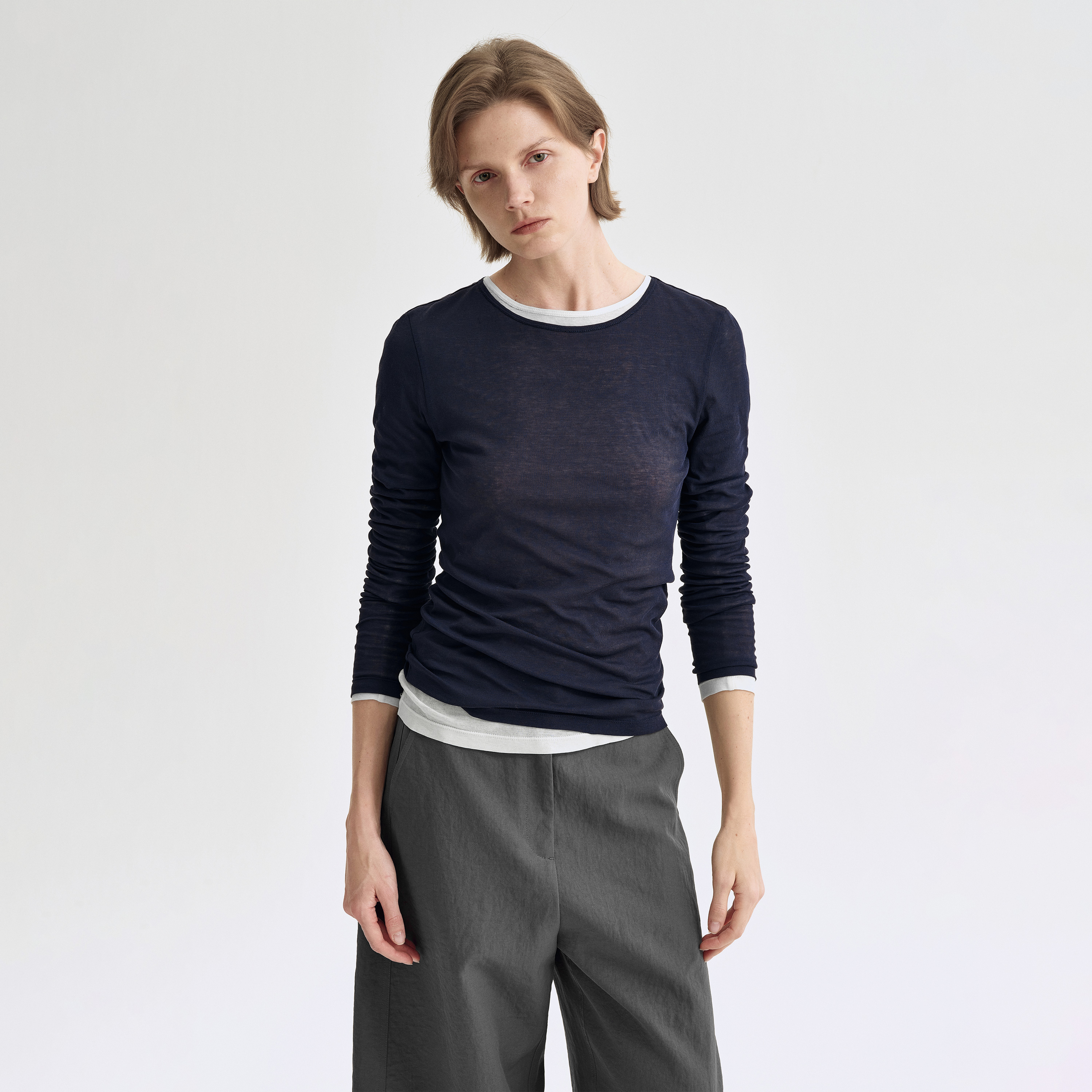 白弓“云感系列”特供定制双层48支纱织100%棉长袖T恤女上衣53726