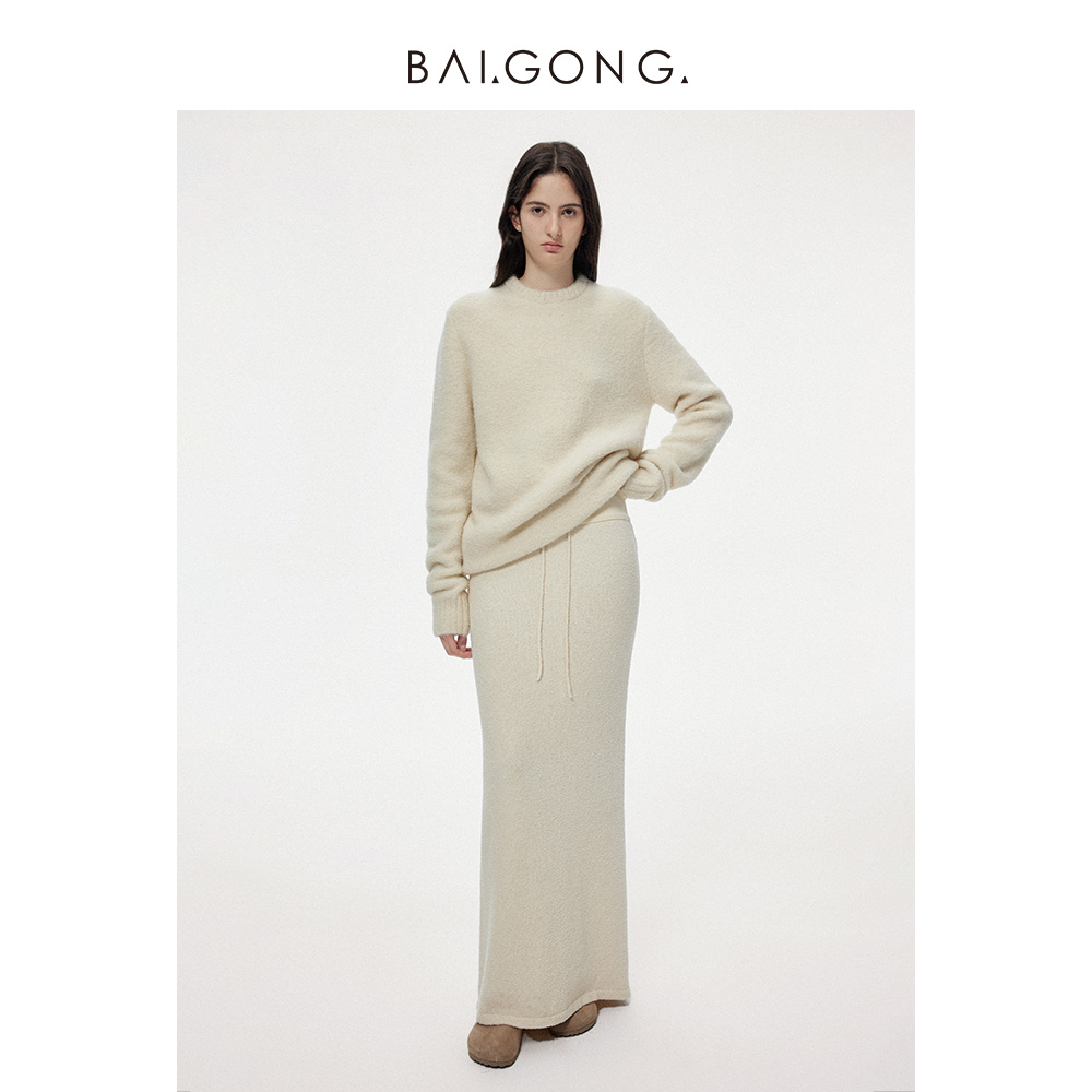 白弓通勤抽绳绒感半身长裙